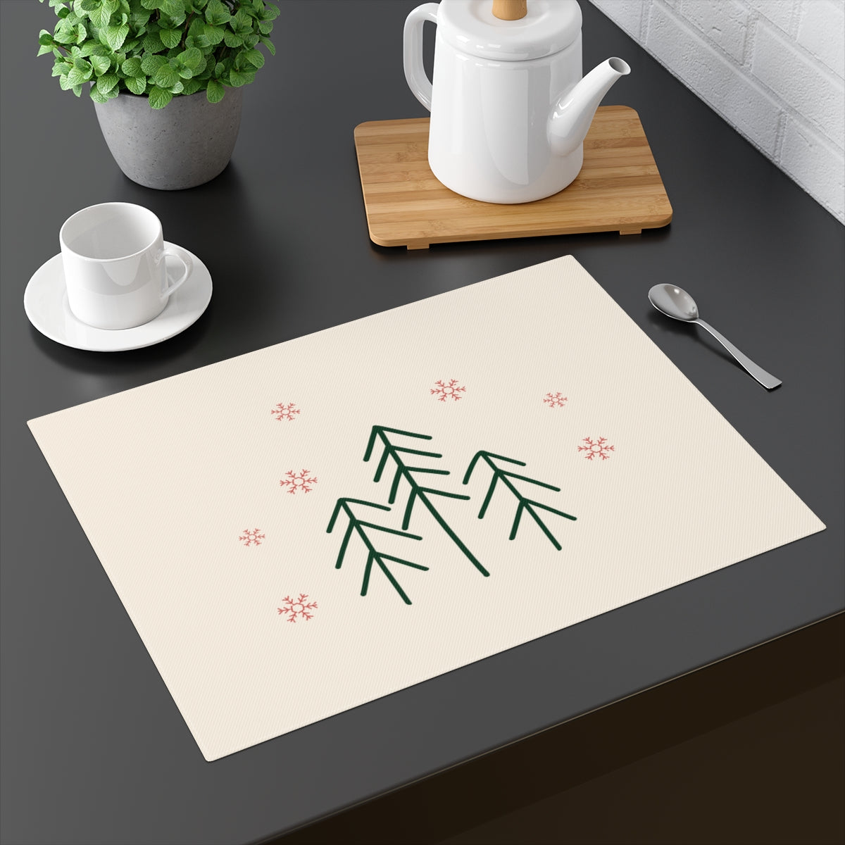 Holiday Table Placemat - Evergreens &amp; Red Snowflakes