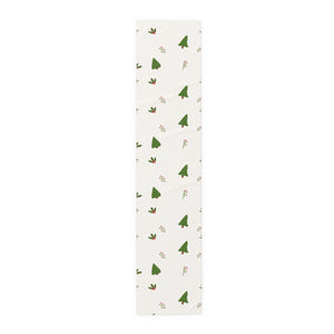 White Holiday Table Runner - Evergreen Trees & Holly