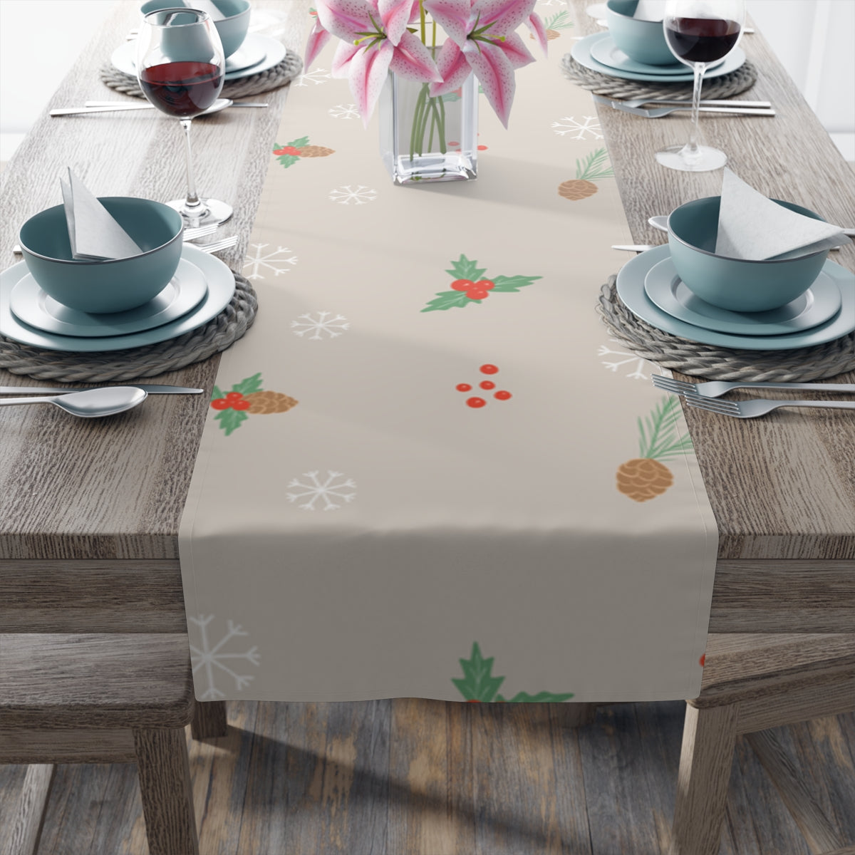 Holiday Table Runner - Holly &amp; Pinecones