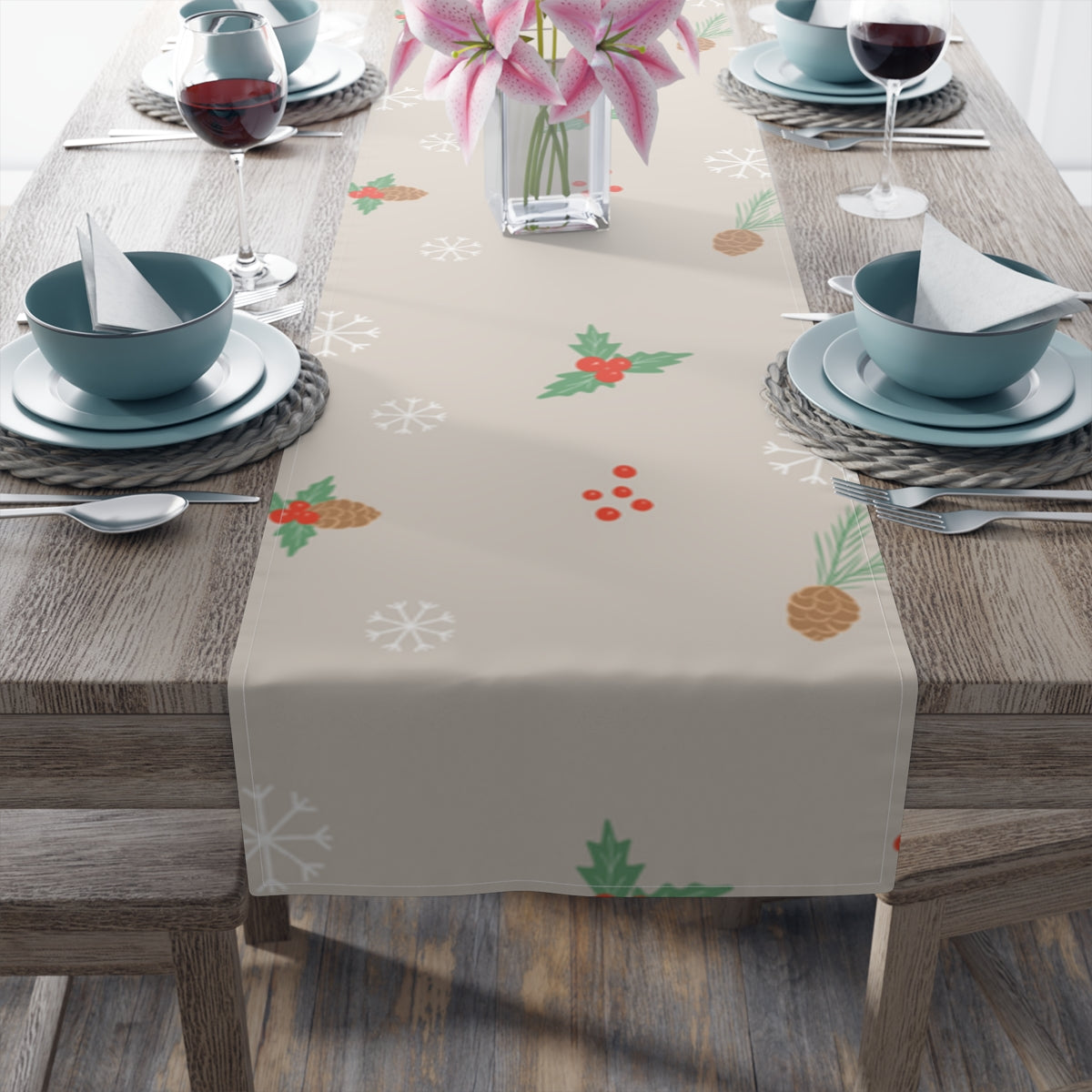 Holiday Table Runner - Holly &amp; Pinecones