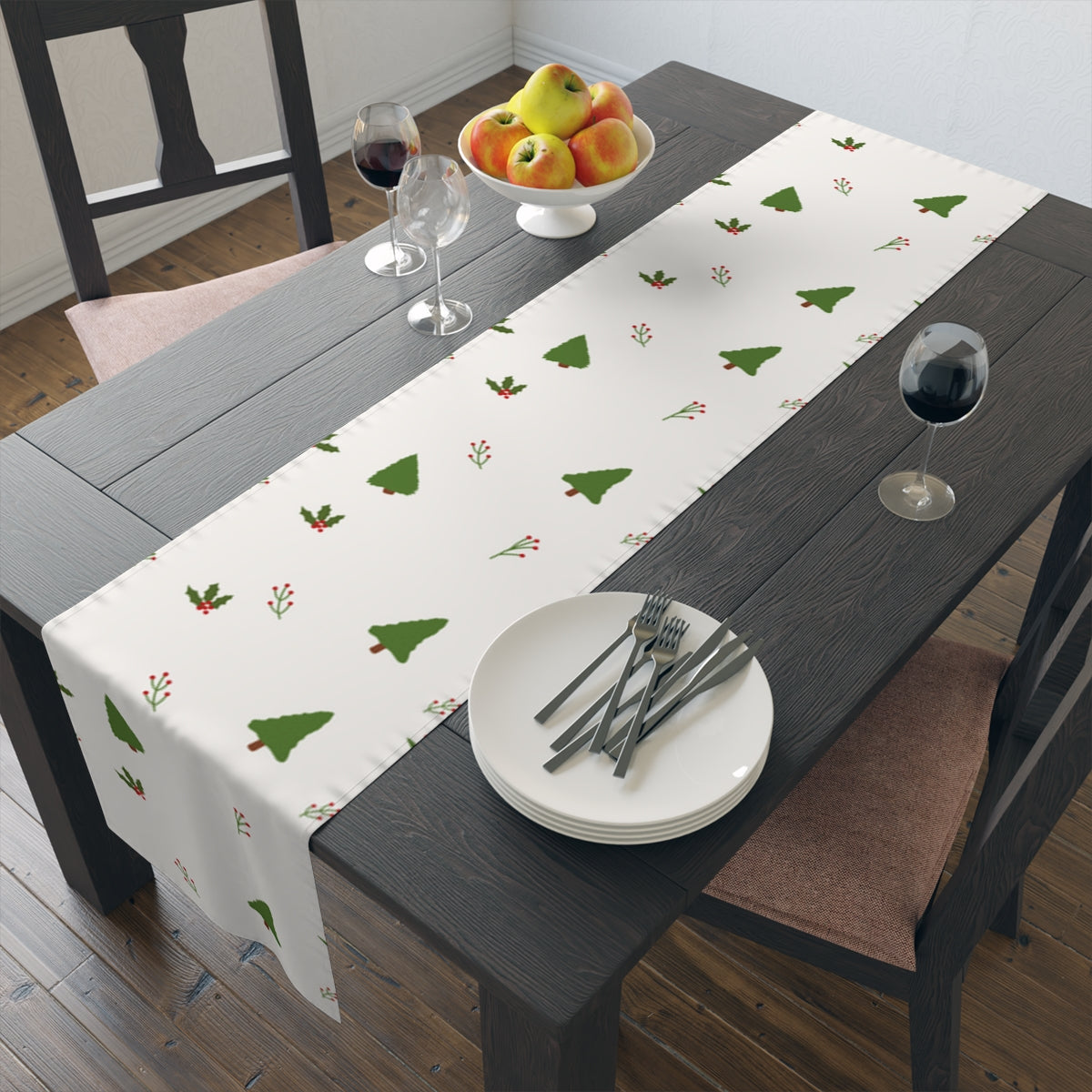 White Holiday Table Runner - Evergreen Trees &amp; Holly