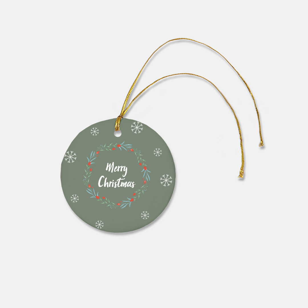 Round Ceramic Holiday Ornament - Merry Christmas Wreath