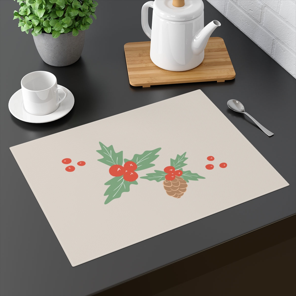 Holiday Table Placemat - Holly &amp; Pinecones
