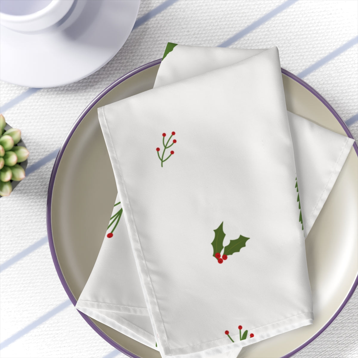White Holiday Napkins - Evergreen Trees &amp; Holly