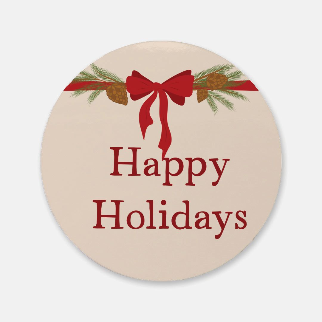Round Cork Back Coaster - Happy Holidays Bow