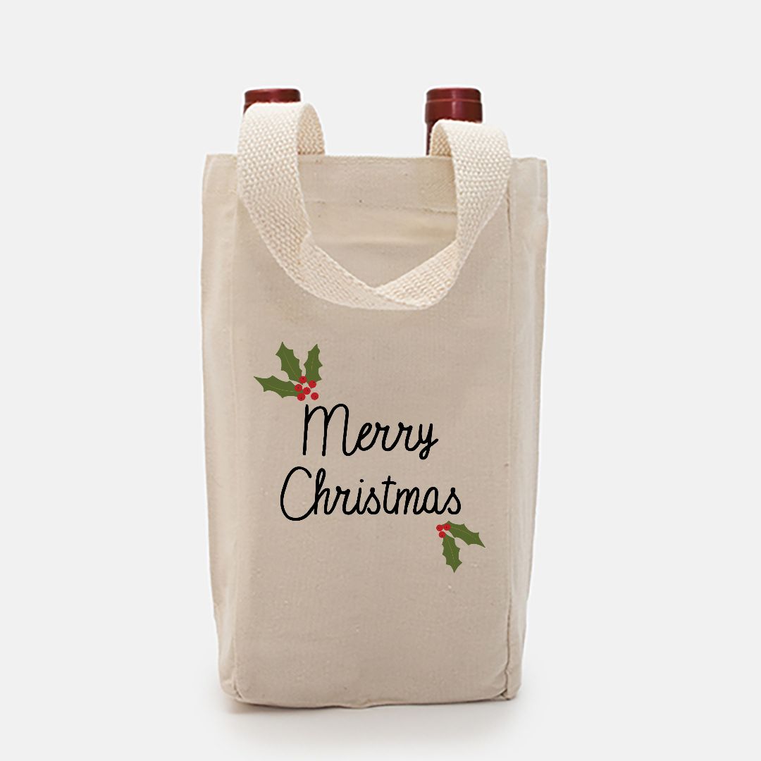 Double Bottle Canvas Wine Tote - Holly Merry Christmas