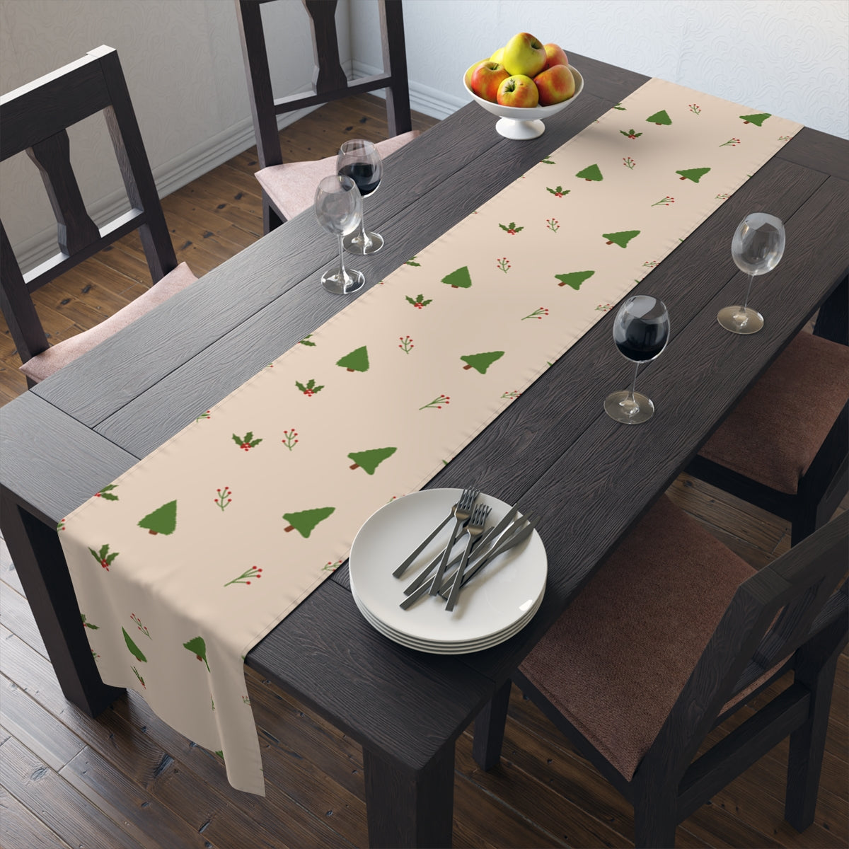 Beige Holiday Table Runner - Evergreen Trees & Holly
