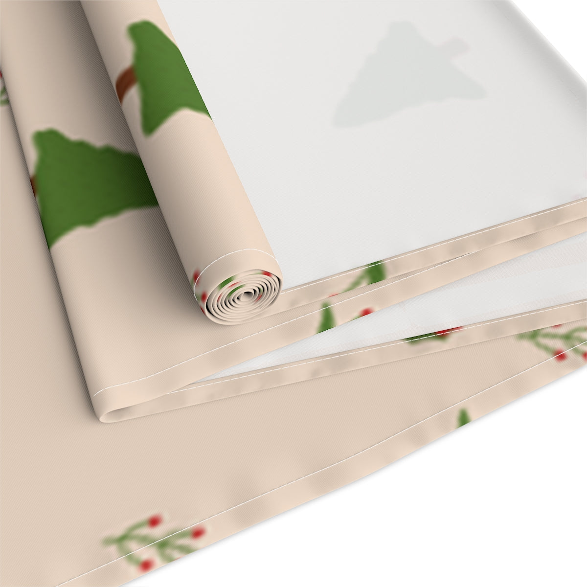 Beige Holiday Table Runner - Evergreen Trees & Holly