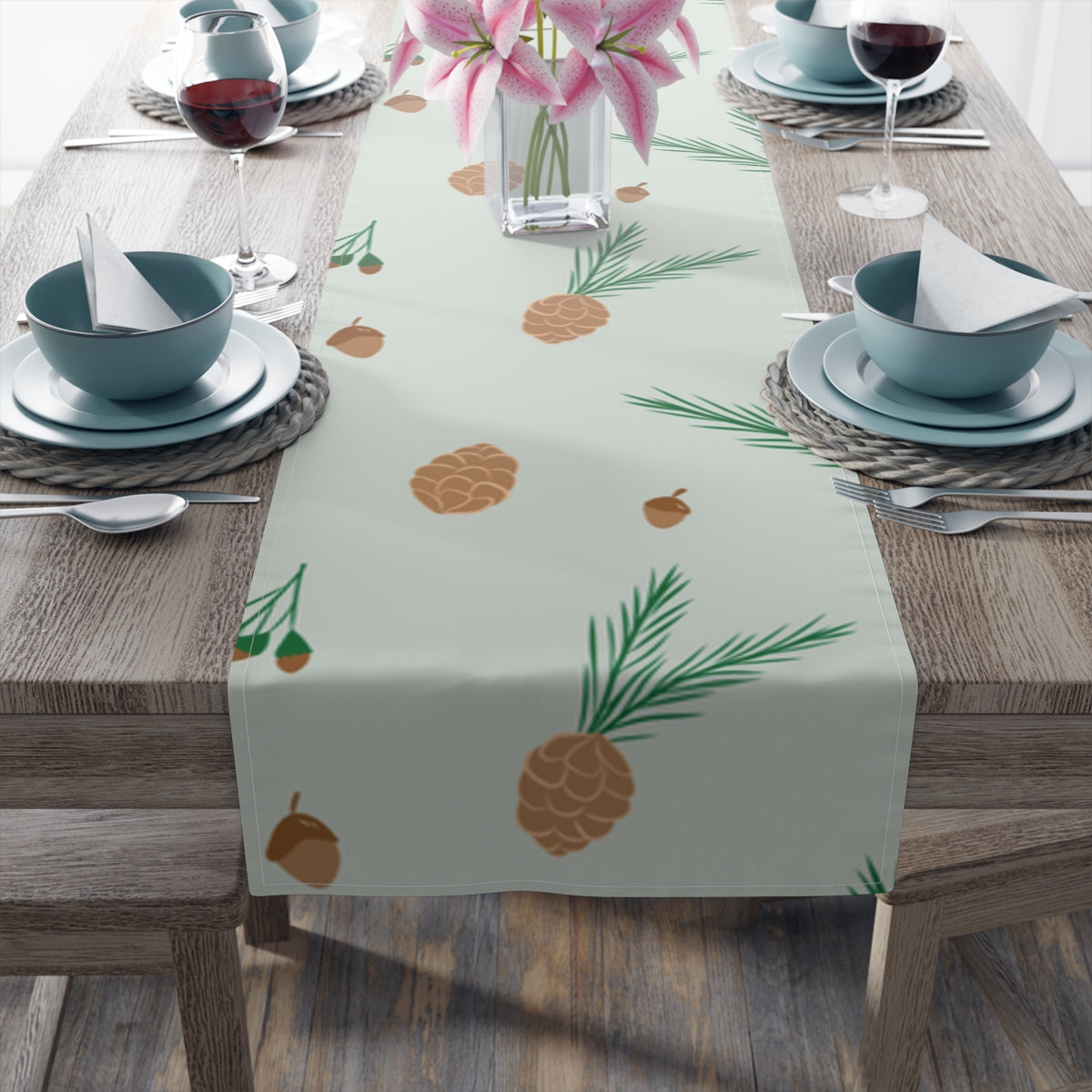 Green Holiday Table Runner - Pinecones