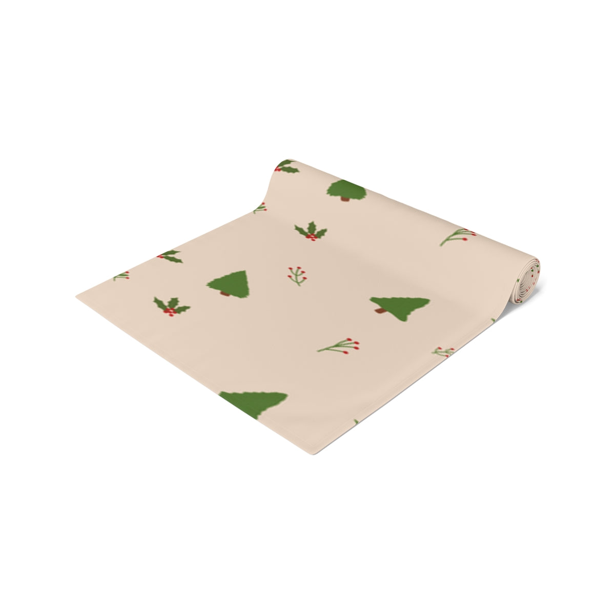 Beige Holiday Table Runner - Evergreen Trees & Holly