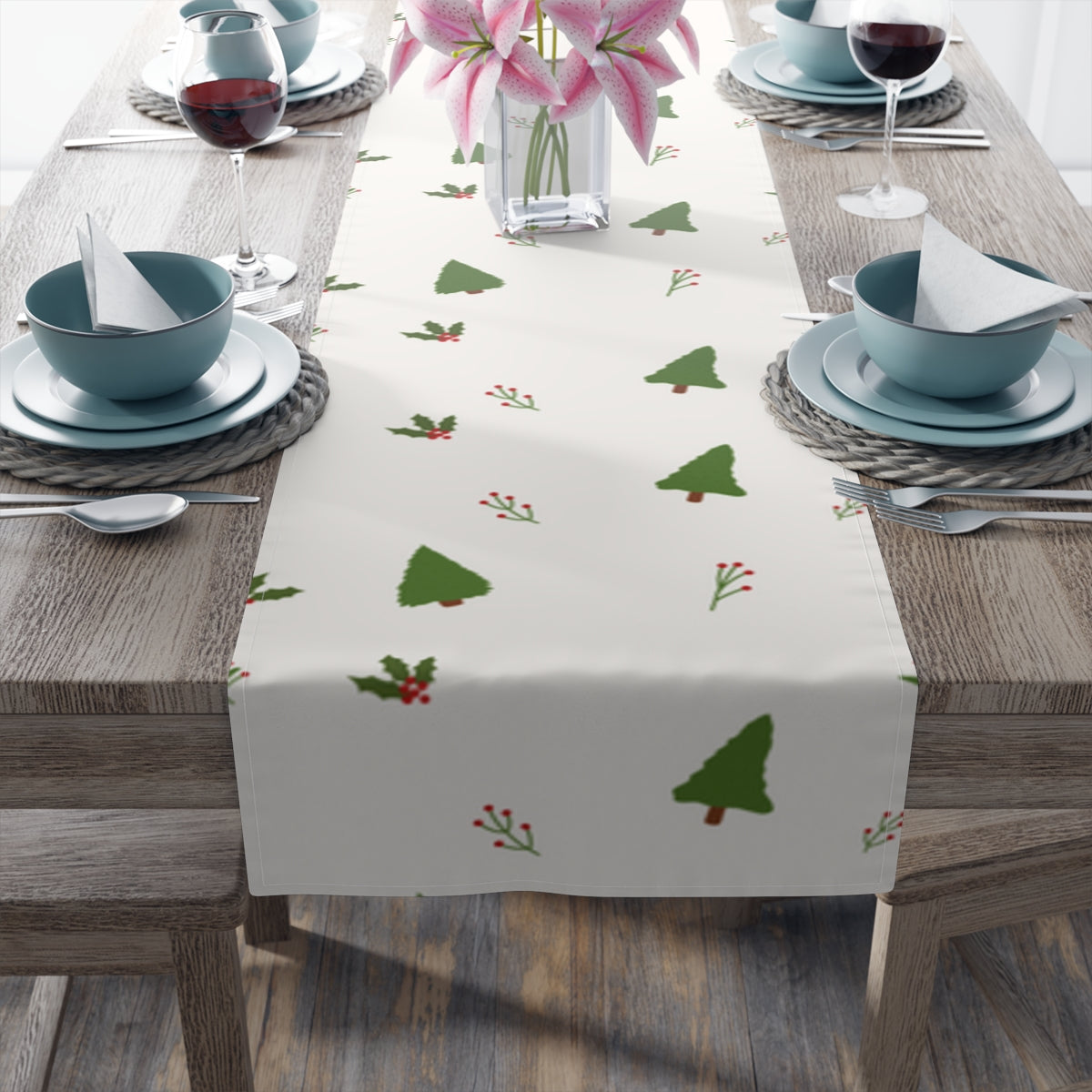 White Holiday Table Runner - Evergreen Trees &amp; Holly