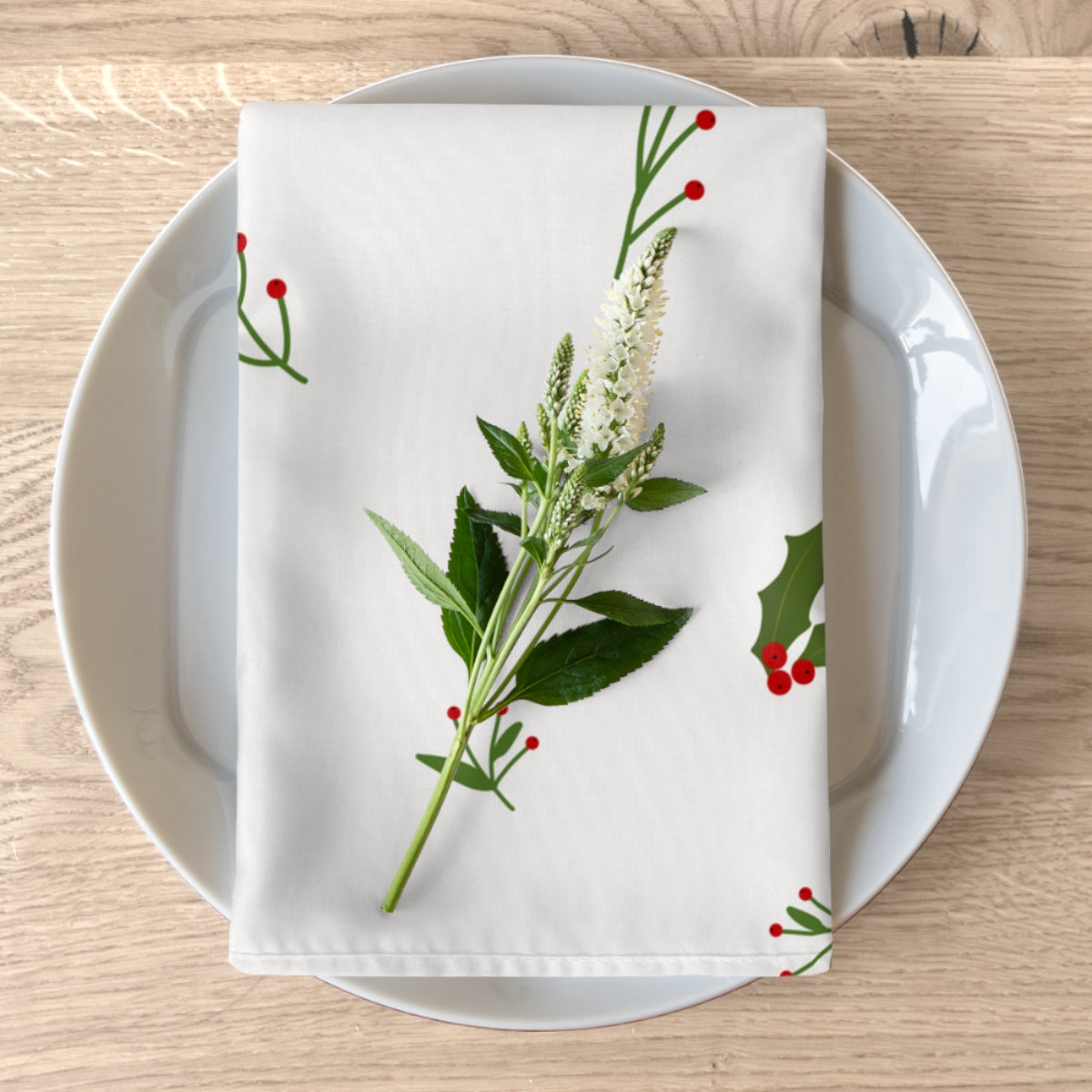 White Holiday Napkins - Holly