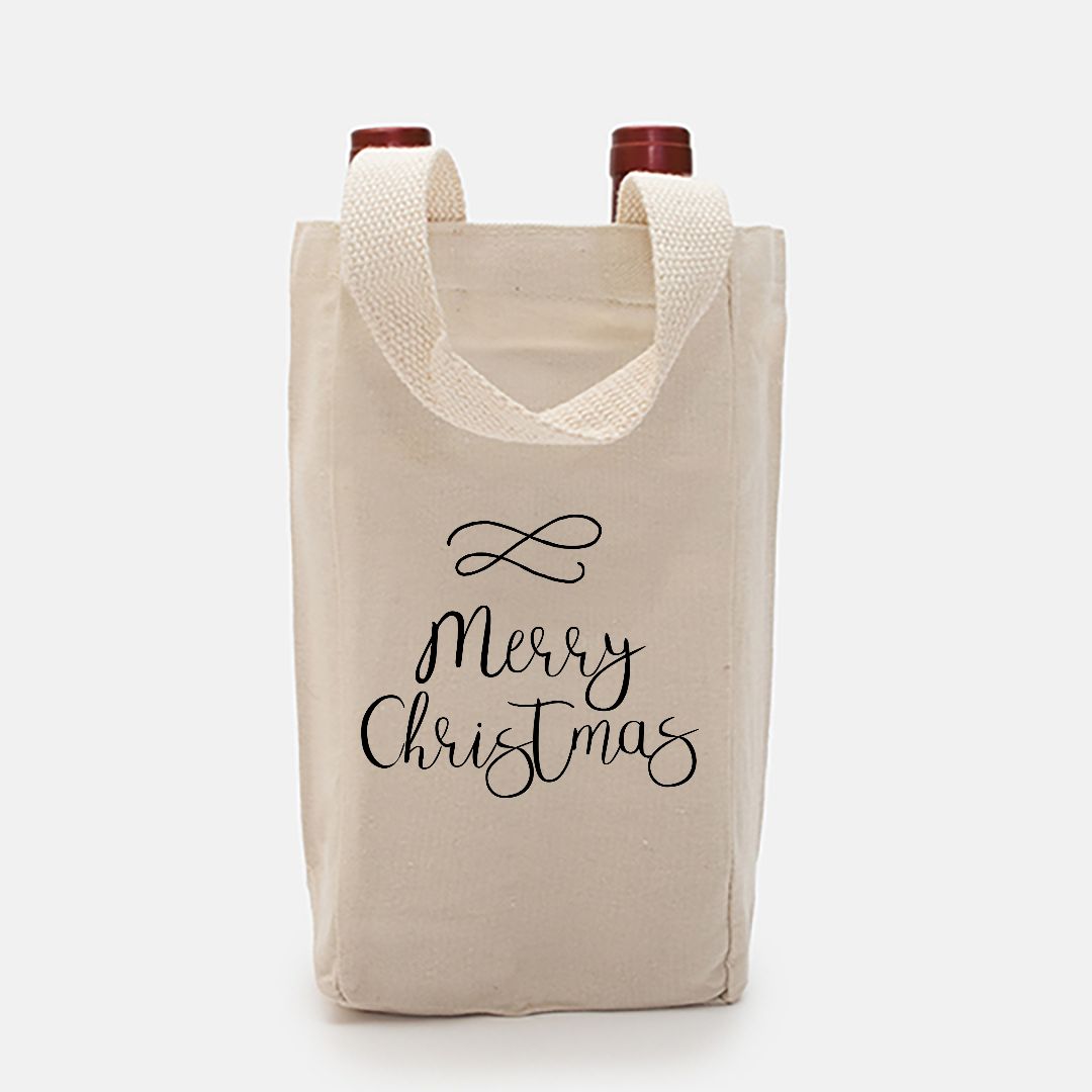 Double Bottle Canvas Wine Tote - Cursive Merry Christmas