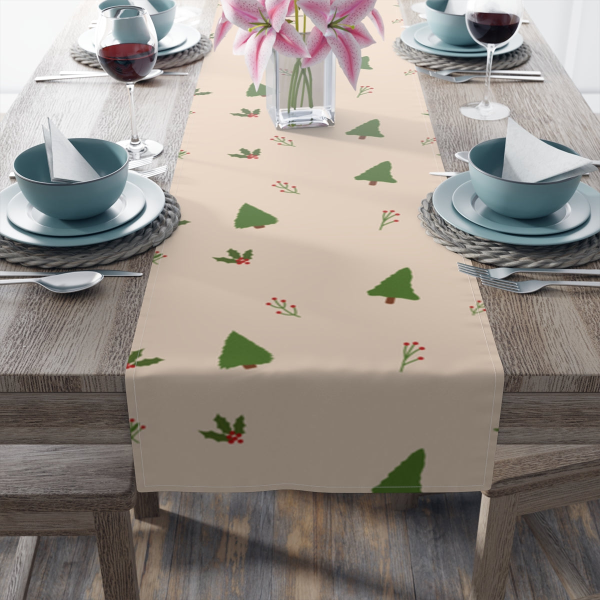 Beige Holiday Table Runner - Evergreen Trees & Holly