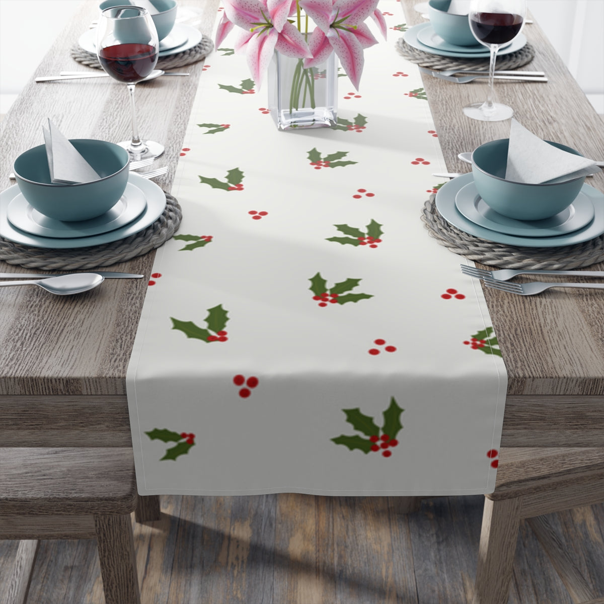 Holiday Table Runner - Red &amp; Green Holly