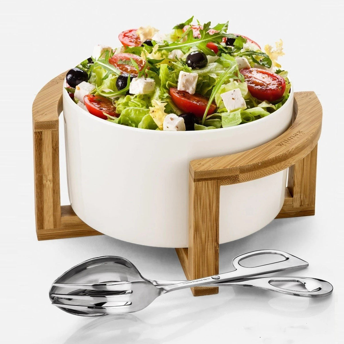 Large Salad Bowl with Serving Tongs &amp; Bamboo Stand